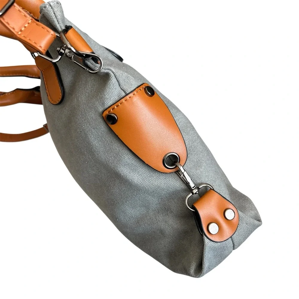 Paris Graphic Canvas Crossbody Tote Bag Gray Cognac Travel Messenger Purse